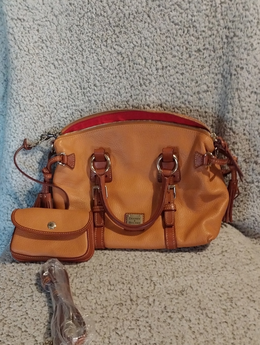 Dooney & Bourke Tan Leather Satchel with Red Lining and Matching Pouch